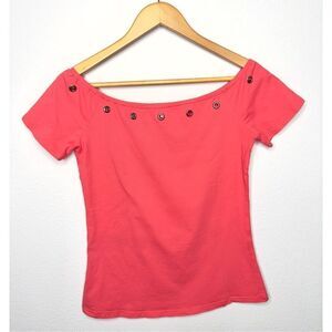 New York & Company Womens Pink Metal Eyelet Short Sleeve Crop Top Shirt Small